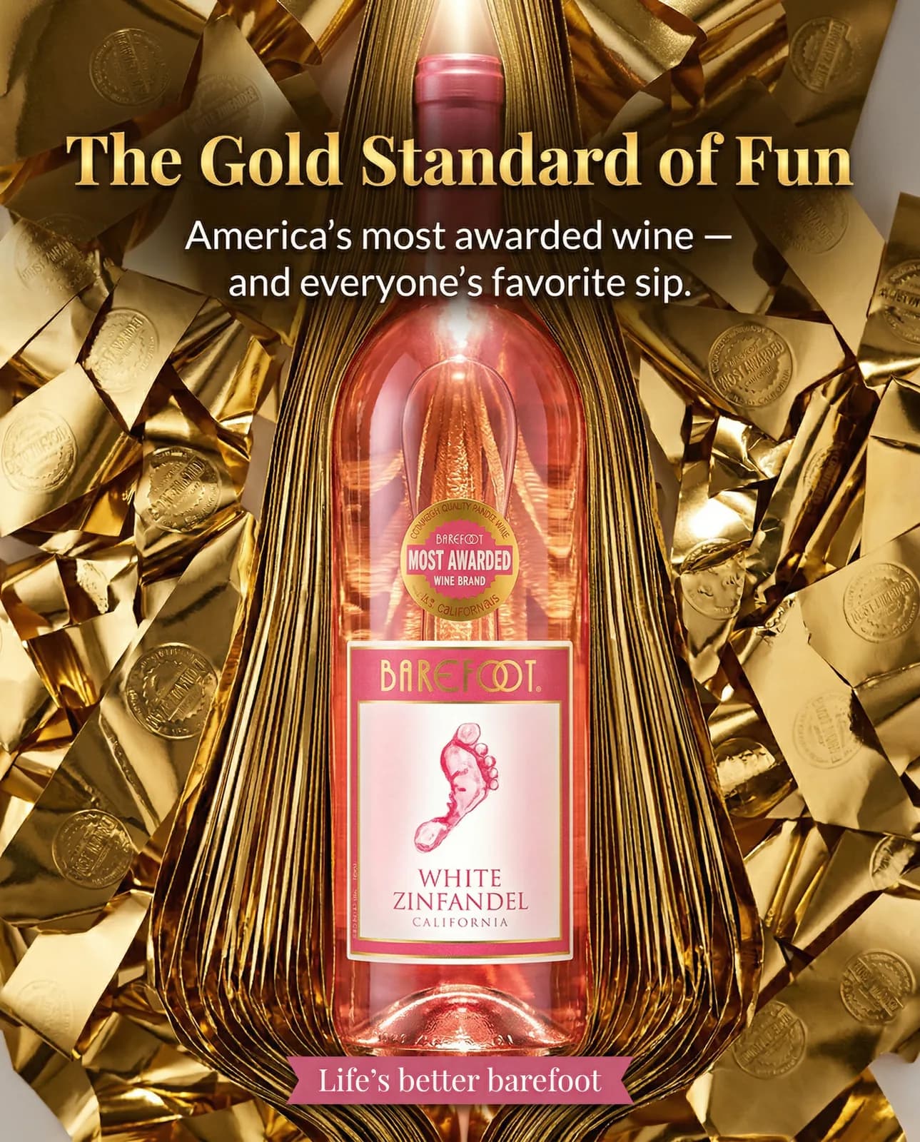 A bottle of pink wine standing in crumpled gold foil, with a headline above and a line of copy below