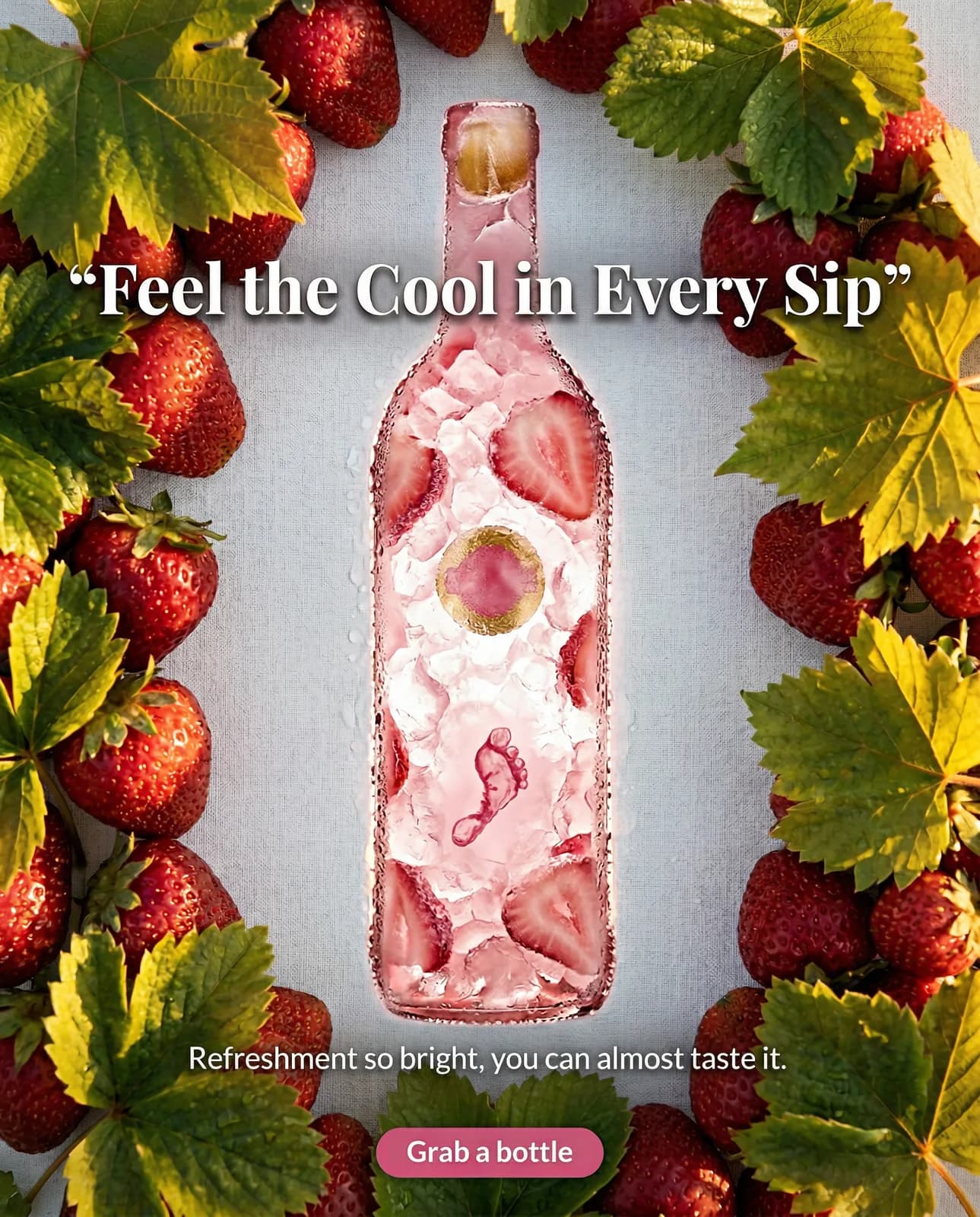 A bottle outline filled with ice and strawberries on a pale background, ringed with strawberries and leaves, with a headline across the top