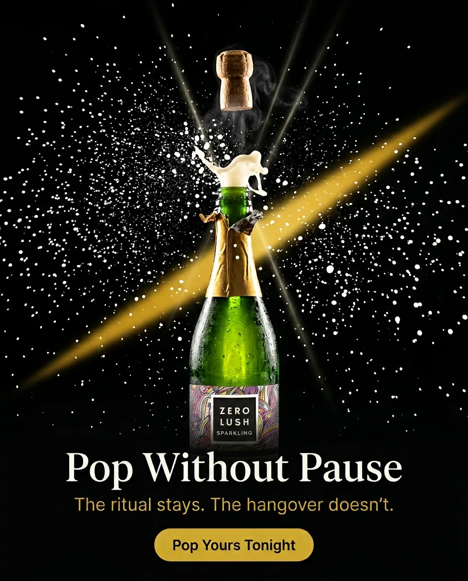 A cork flying off a green bottle in a spray of white drops and a beam of gold light on black, with a headline and a button below