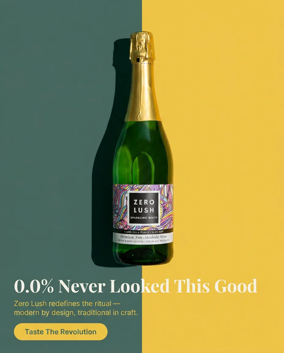 A green bottle lying on a background split into teal and yellow halves, with a headline and a button in the lower left