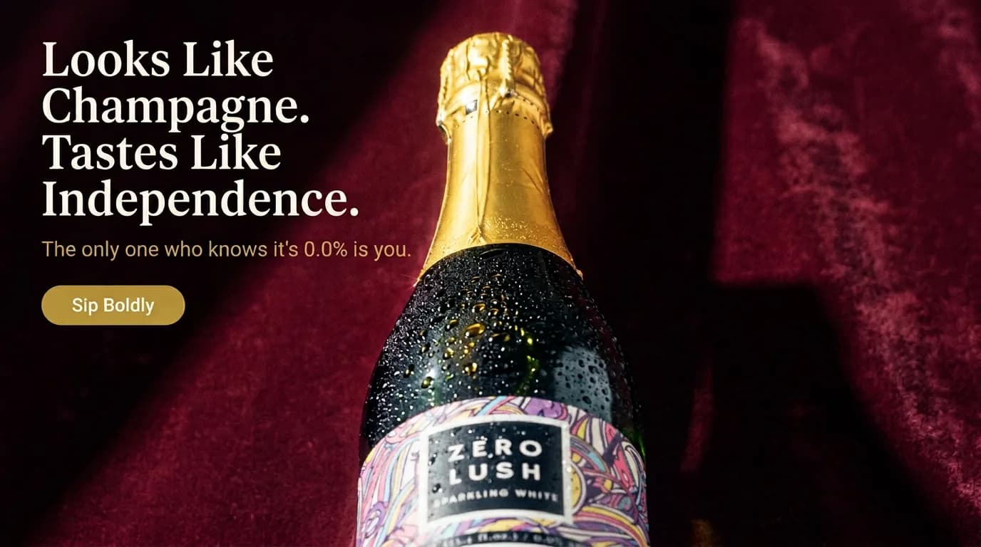 The gold foil neck of a dark bottle against deep red velvet, in a wide banner with a headline and a button on the left
