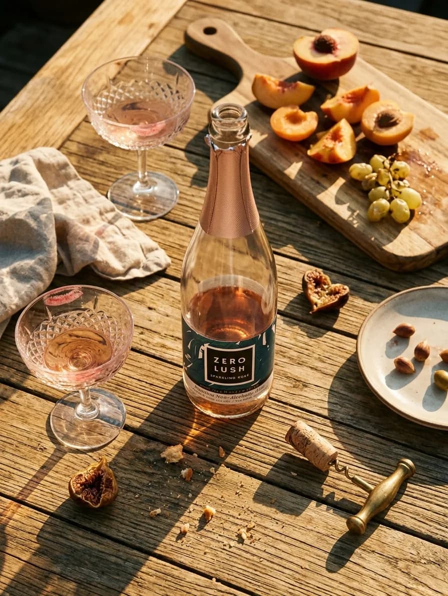 A bottle of pink sparkling drink on a wooden table with two coupe glasses, cut peaches on a board and crumbs, in strong afternoon light