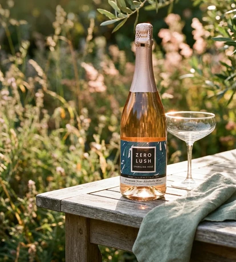 A bottle of pink sparkling drink and an empty coupe glass on a wooden garden table in front of tall wildflowers, a linen cloth draped over the edge