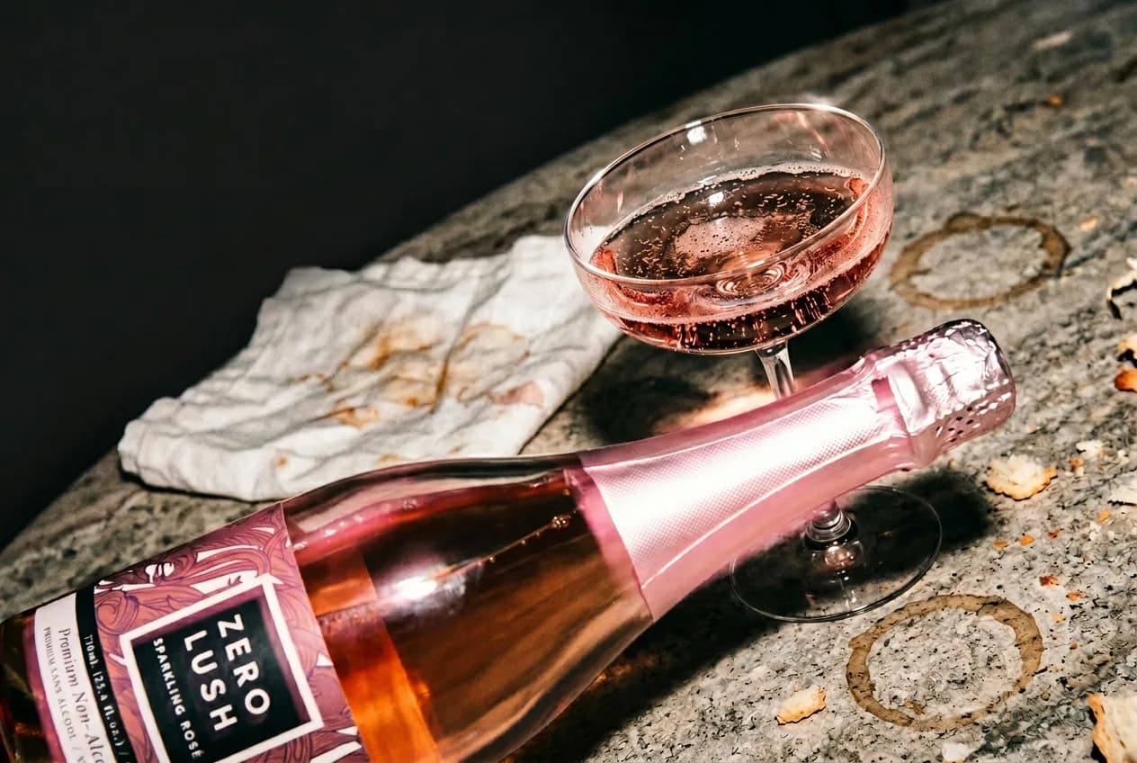 A bottle of pink sparkling drink lying on a stone ledge beside a crumpled napkin, a filled coupe glass behind it, hard afternoon shadows