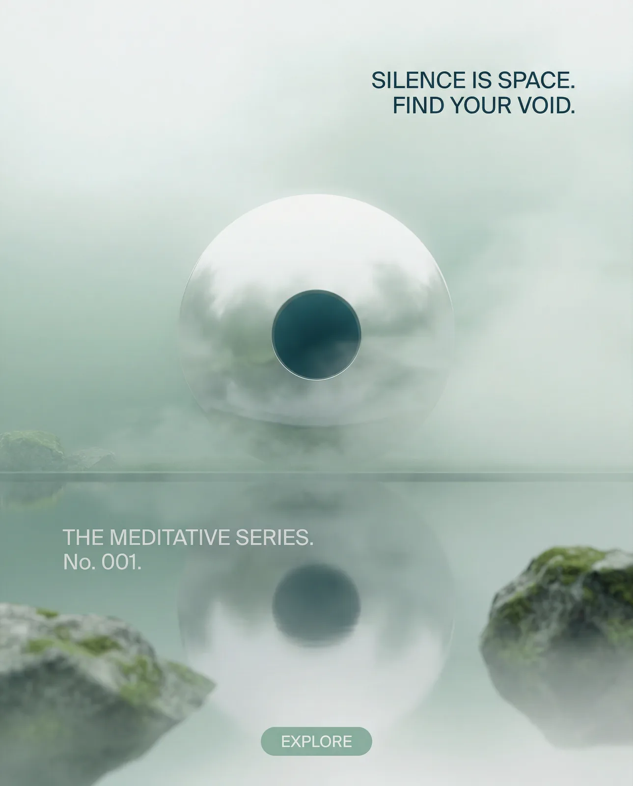 A polished mirror sphere with a hole through it floating over still water in pale green fog, mossy rocks in front, with copy and a button laid on top