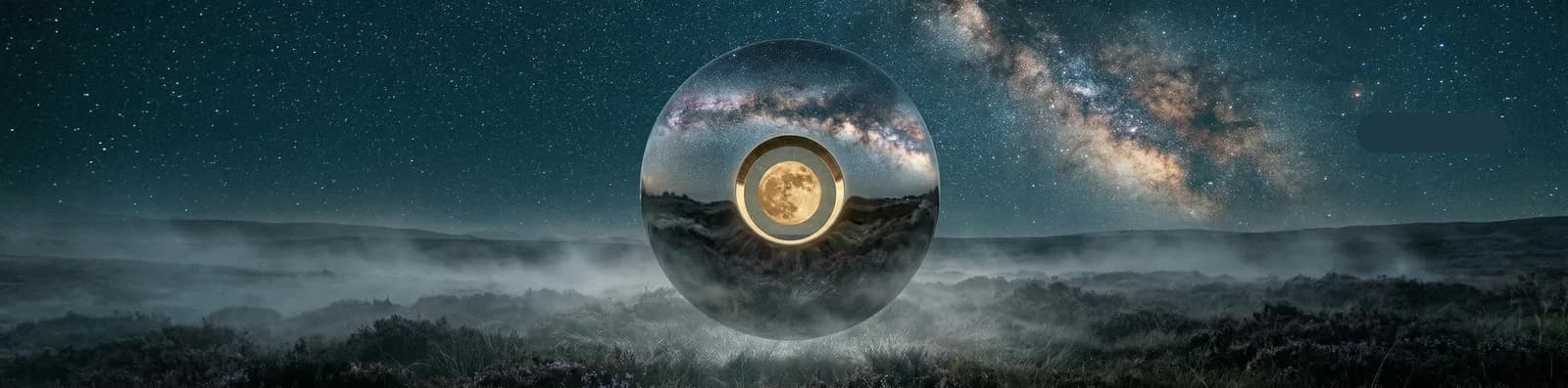 A very wide banner of a mirror sphere standing in a misty field under a starry night sky, with the sky reflected in its face