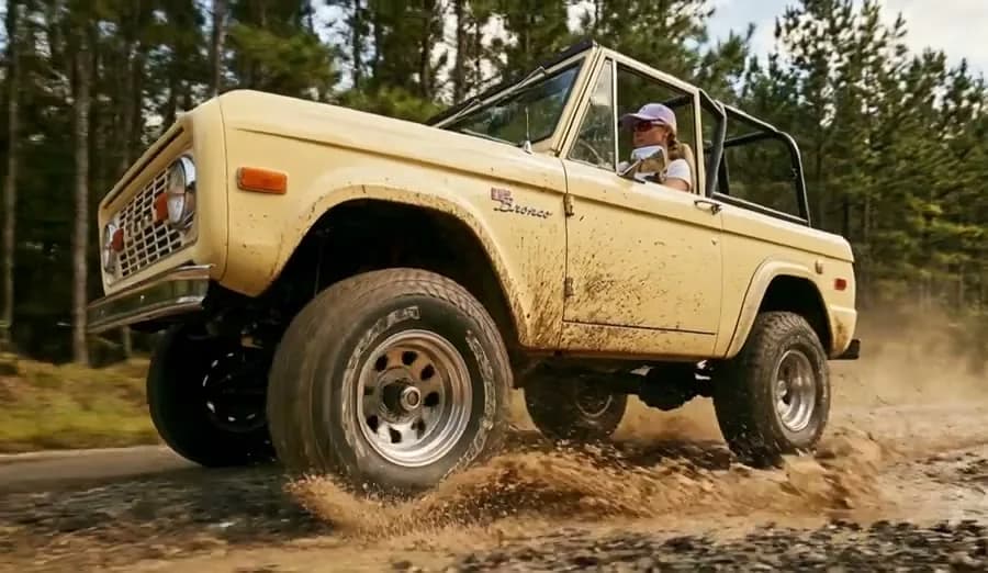 A pale yellow open-top truck driving through a muddy puddle, mud spraying from the wheels, pine trees behind