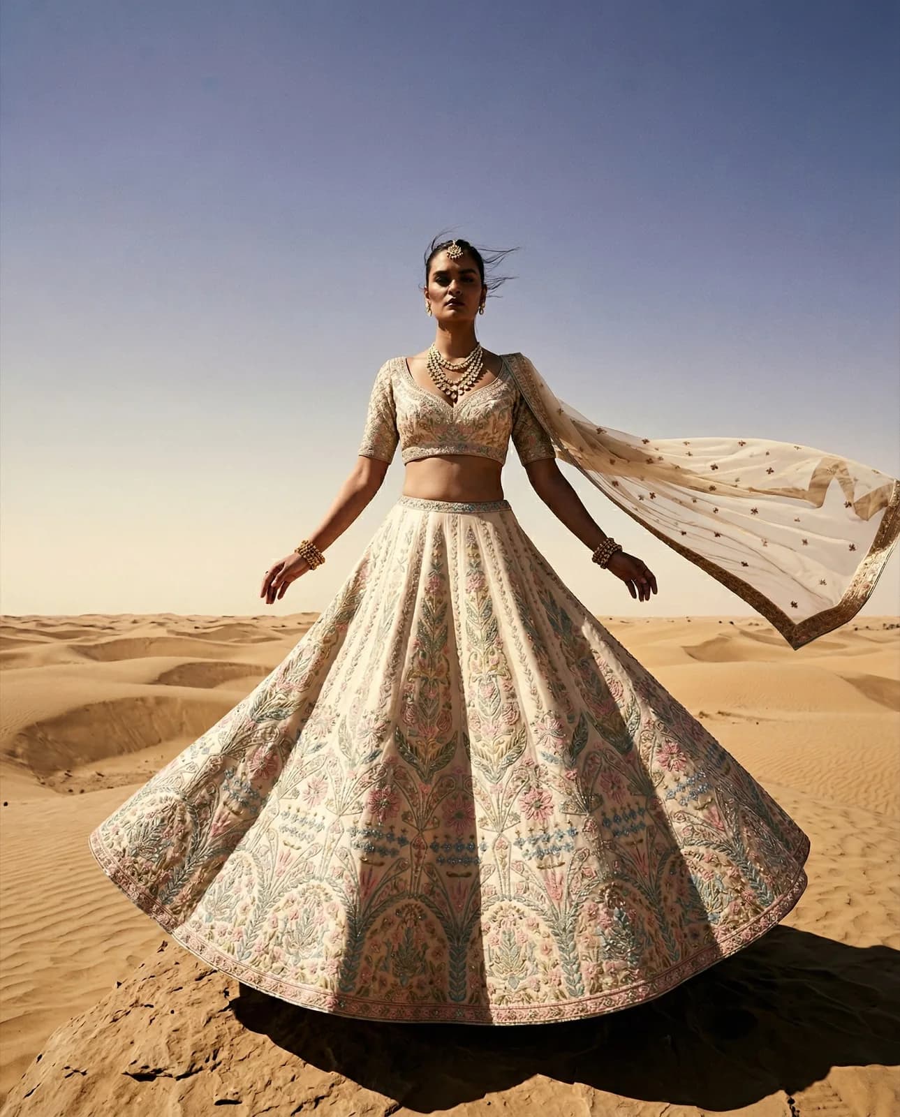 Woman in an embroidered cream skirt and short blouse spinning on a sand dune, a sheer scarf lifting in the wind under a clear sky