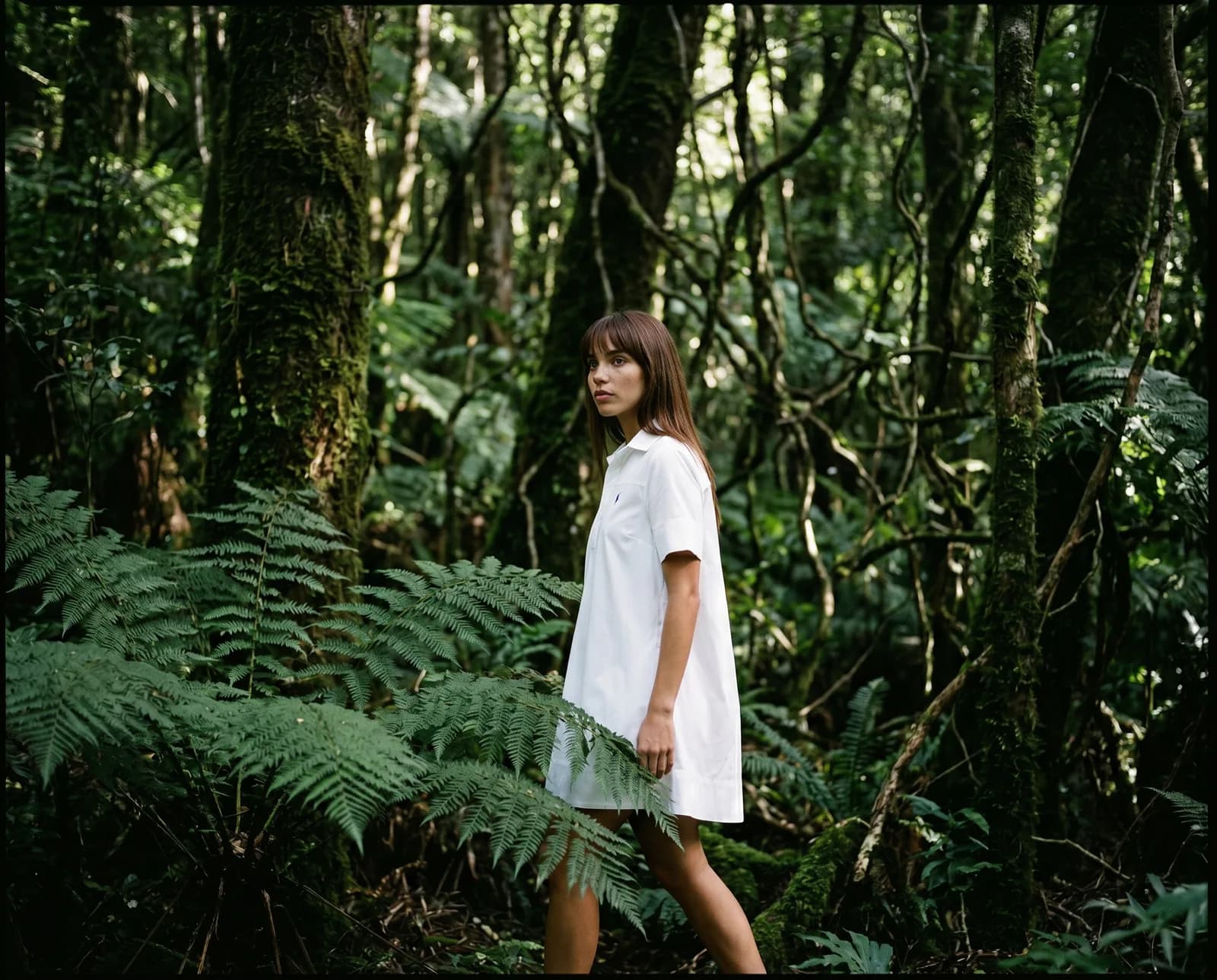 Woman in a white shirt dress walking between tall ferns and moss-covered trees in a dark green forest
