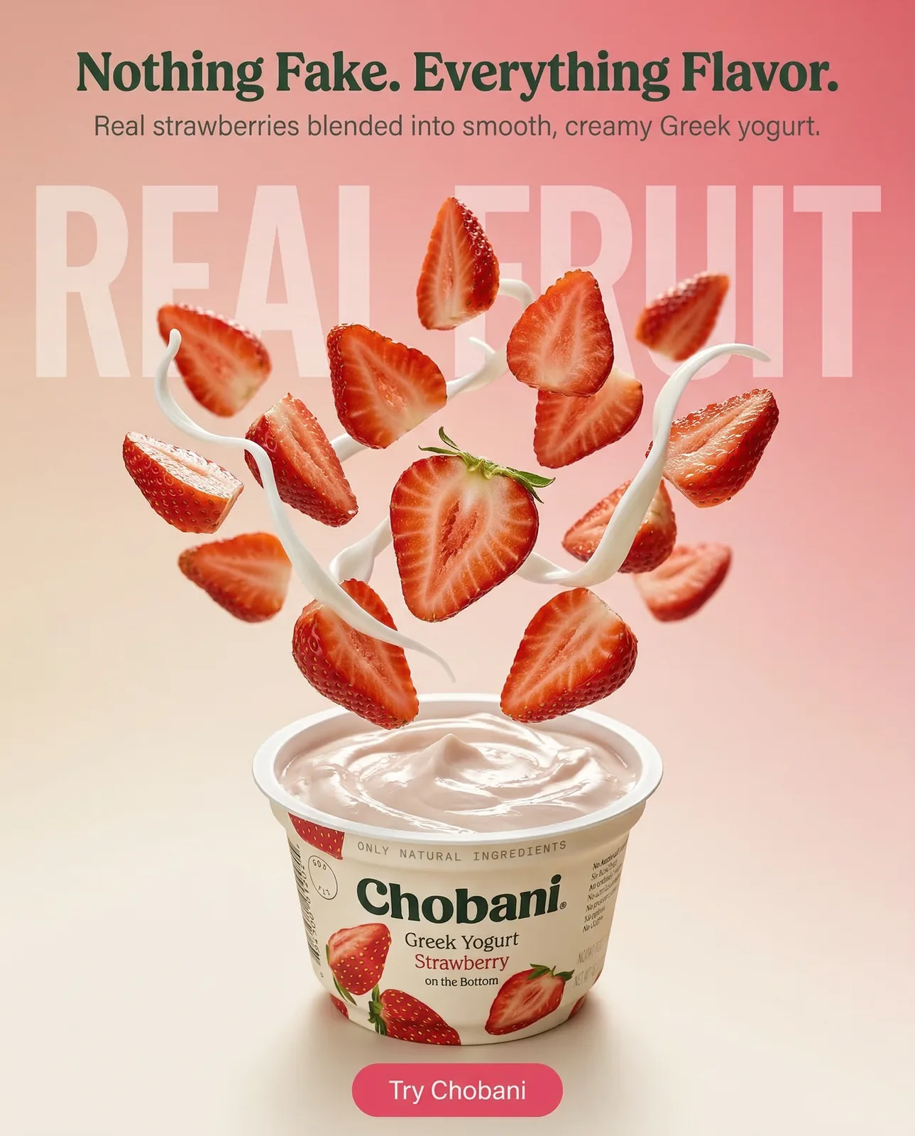 Sliced strawberries and ribbons of cream falling into an open yogurt cup, with a headline at the top and a small button at the bottom, on a pink and cream background