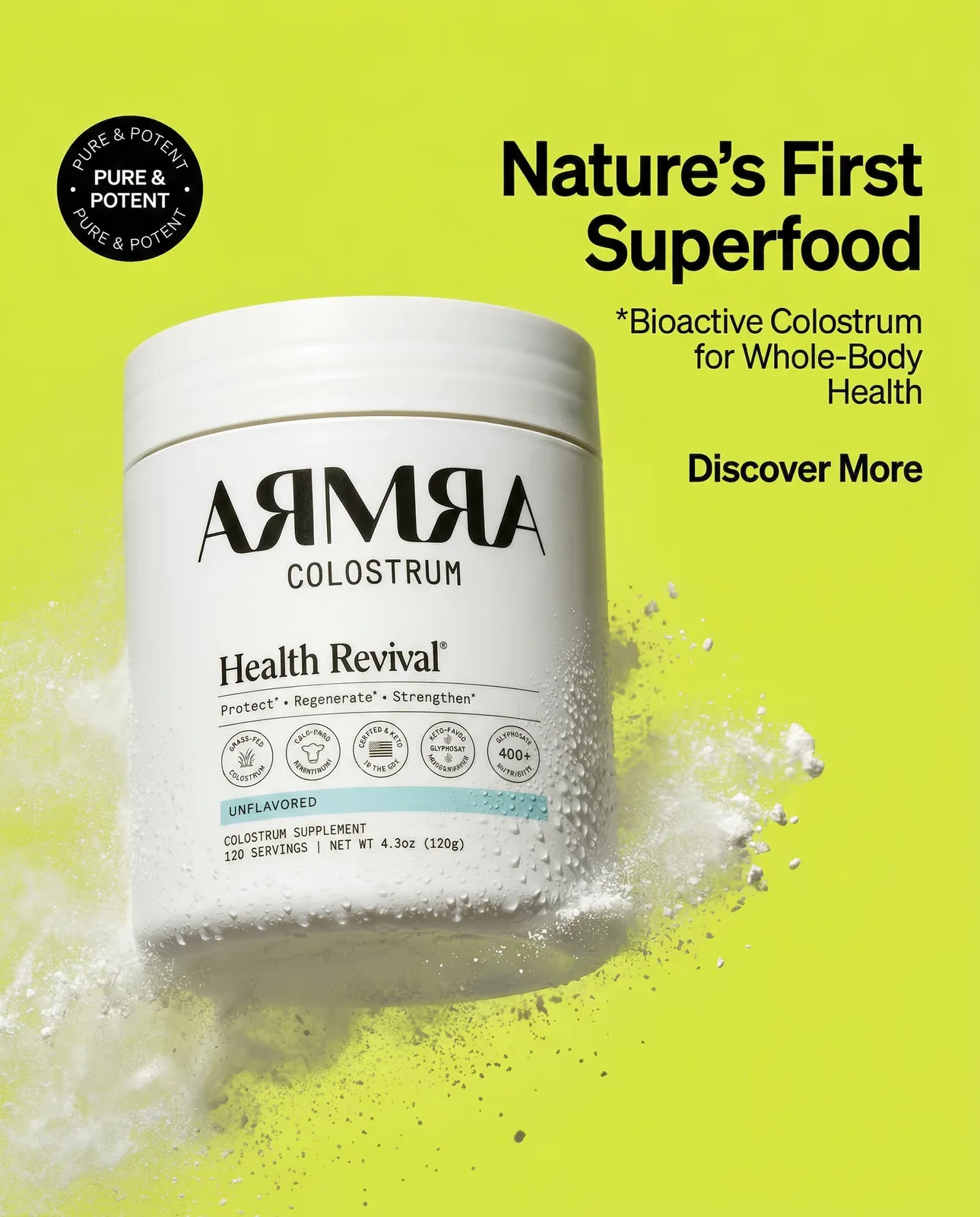 A white supplement tub tipped in a cloud of powder on a bright lime green background, with a headline in the top right