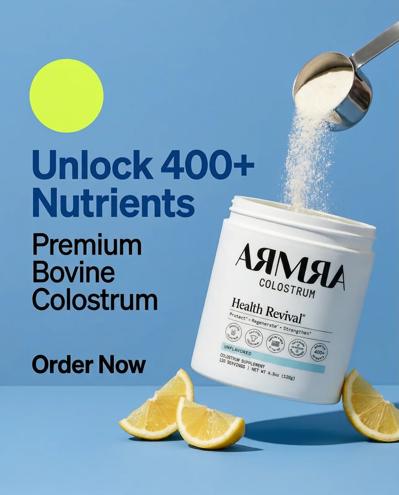 A metal scoop pouring powder into a white tub, lemon wedges at its base, with a bold headline on a sky blue background