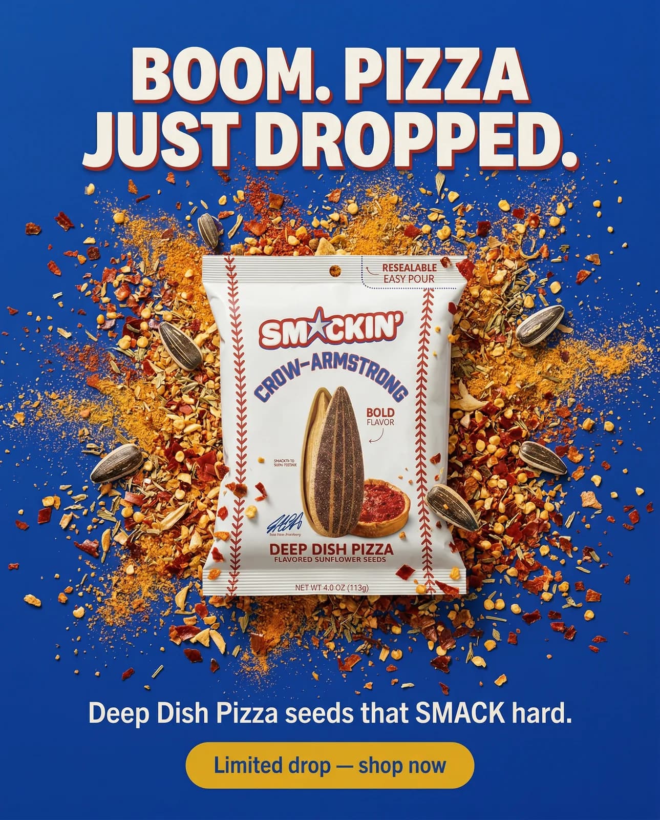 A white snack bag with red stitching at the center of an explosion of spice and sunflower seeds on a blue background, with a bold headline above