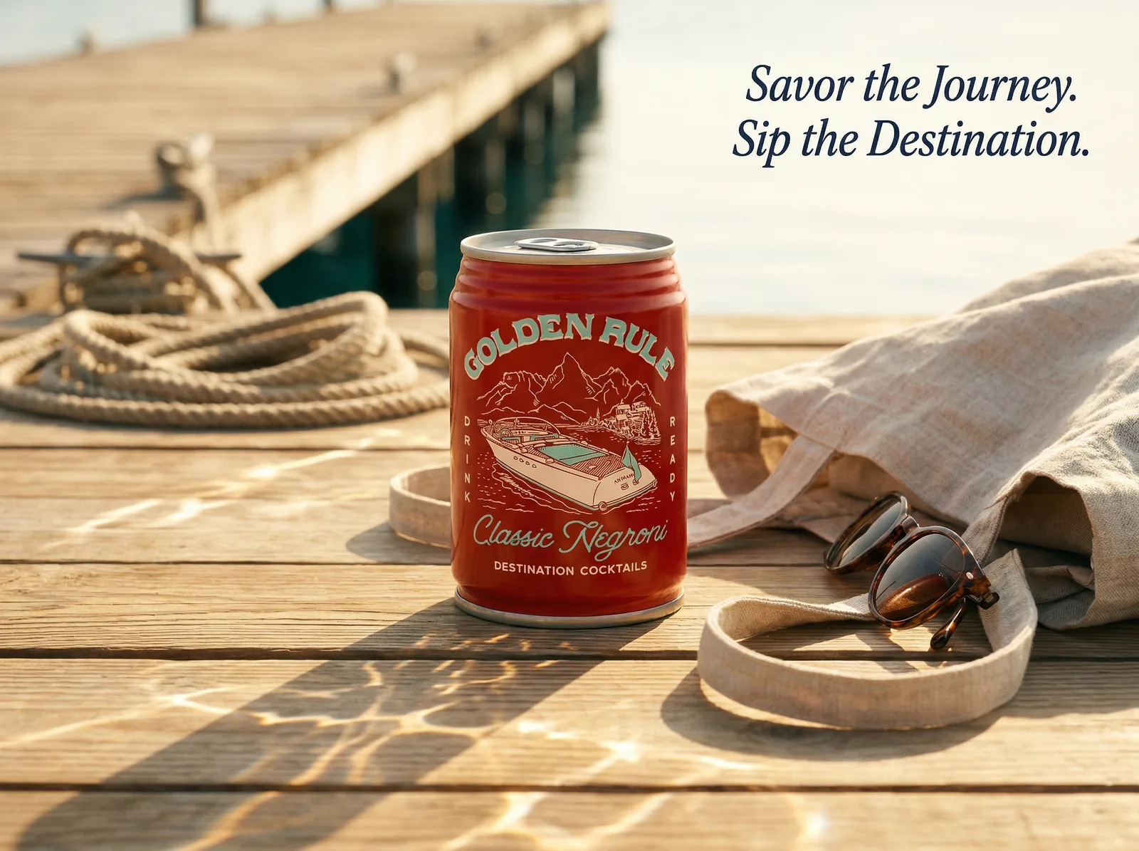 A red can standing on a wooden dock beside a coiled rope and a linen tote bag with sunglasses, with a short line of copy in the top right